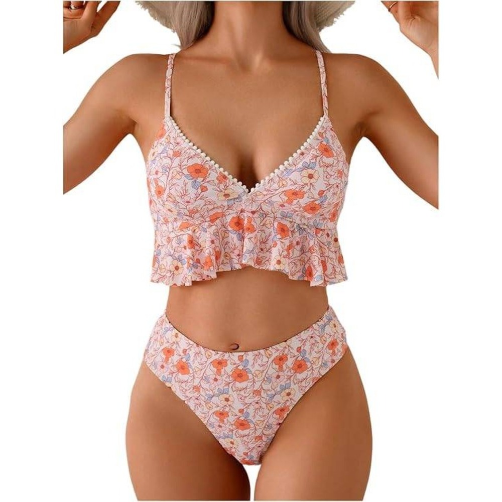 MSRP $35 Verdusa Women's M Two Piece Boho Floral Tankini Set Ruffle Camisole Top
